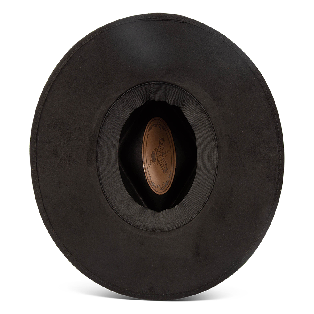 Gemini black inside view showing sweatband band on FREEBIRD flat wide brim hat featuring a diamond-shaped crown