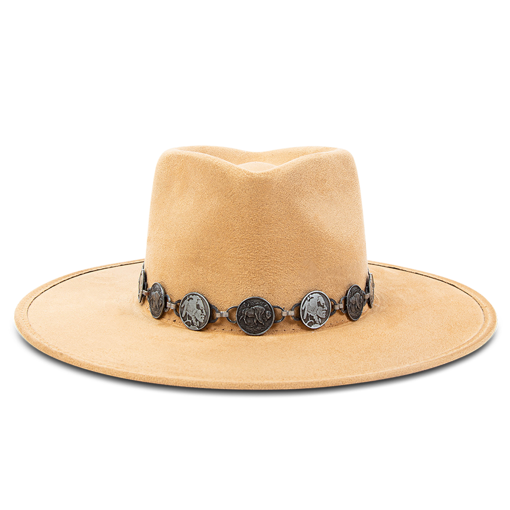 FREEBIRD Gemini camel wide flat-brim hat featuring diamond-shaped crown and metal coin band