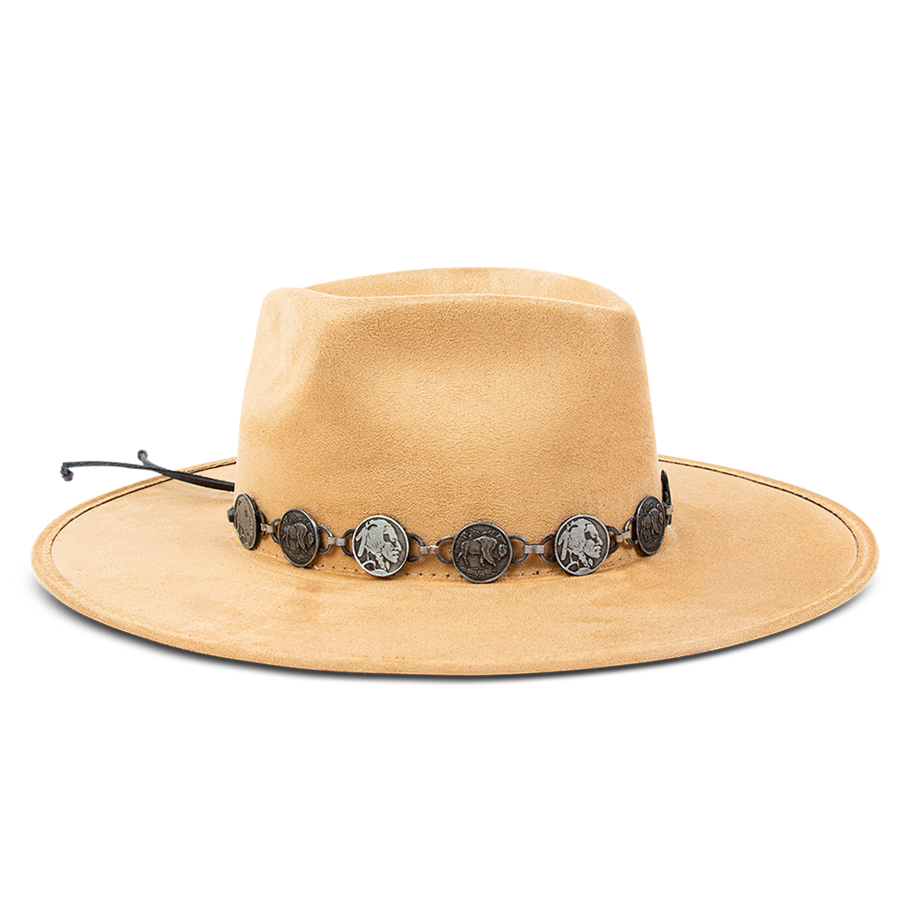 Gemini camel side view showing metal coin band on FREEBIRD flat wide brim hat featuring a diamond-shaped crown