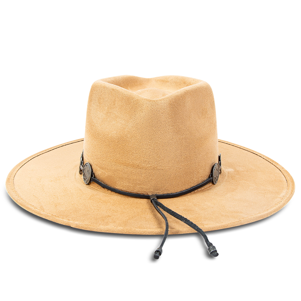 Gemini camel back view showing metal coin band on FREEBIRD flat wide brim hat featuring a diamond-shaped crown