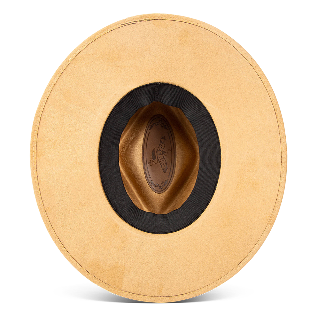 Gemini camel inside view showing sweatband band on FREEBIRD flat wide brim hat featuring a diamond-shaped crown