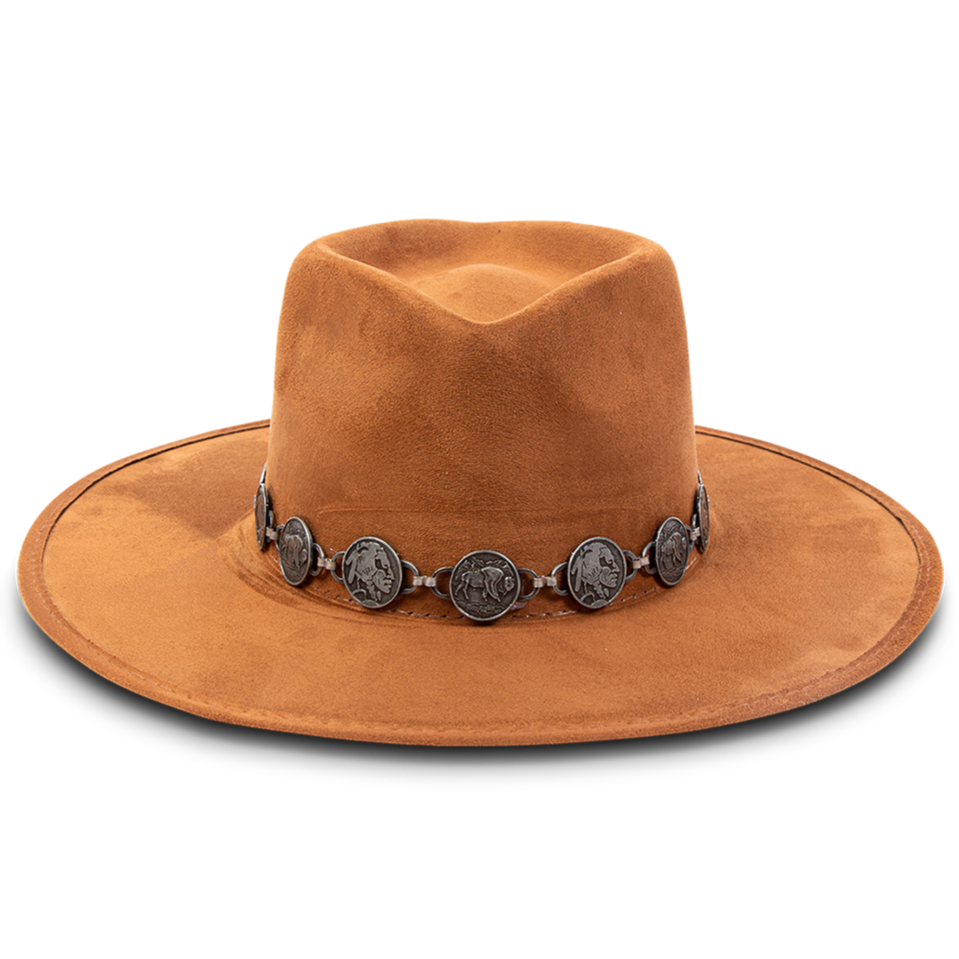 FREEBIRD Gemini rust wide flat-brim hat featuring diamond-shaped crown and metal coin band