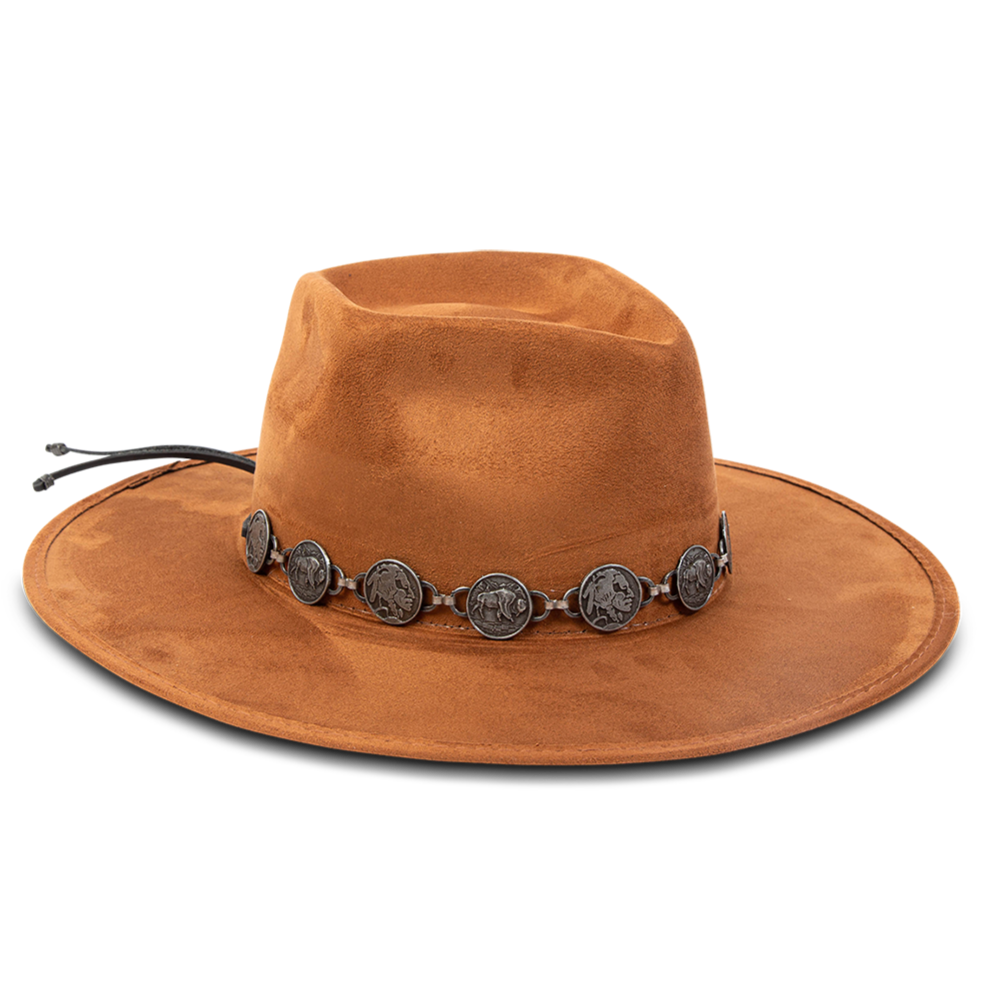 Gemini rust side view showing metal coin band on FREEBIRD flat wide brim hat featuring a diamond-shaped crown