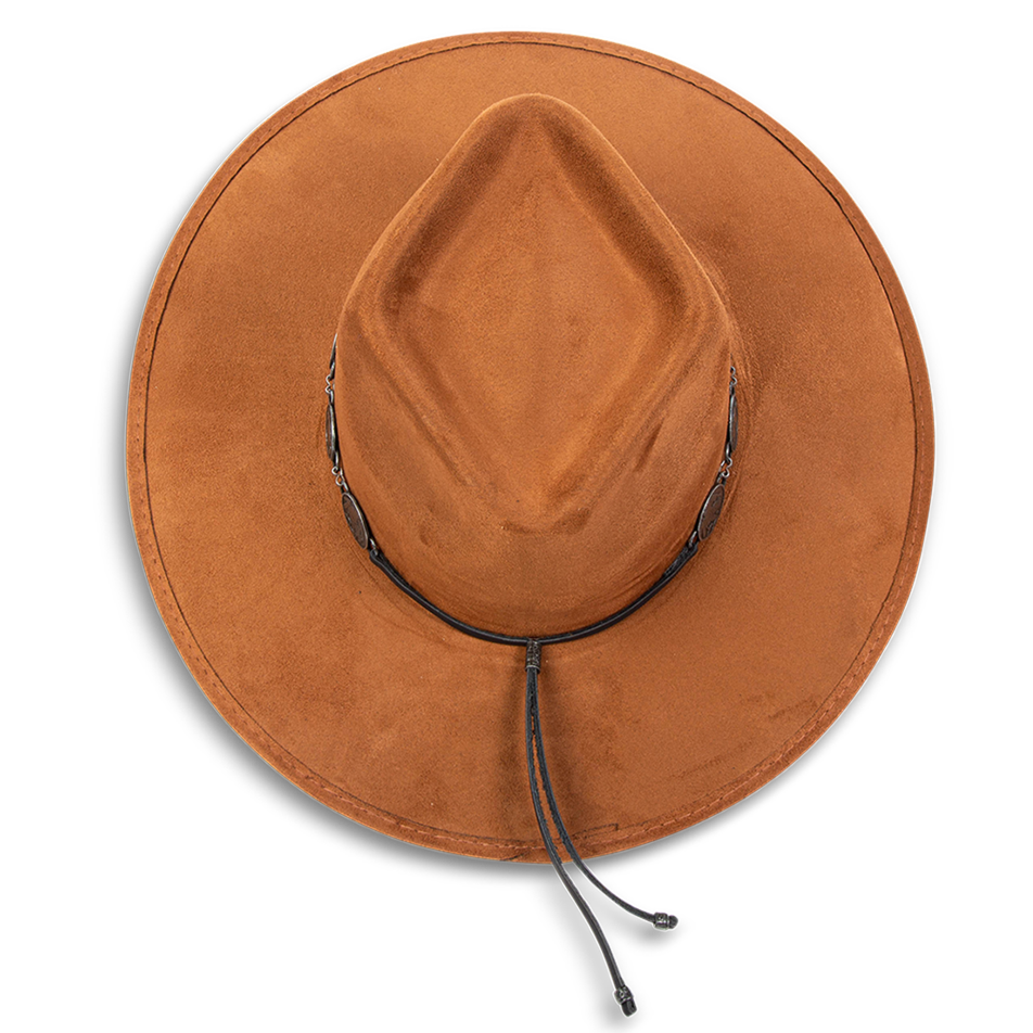 Gemini rust top view showing diamond-shaped crown on FREEBIRD flat wide brim hat featuring metal coin band