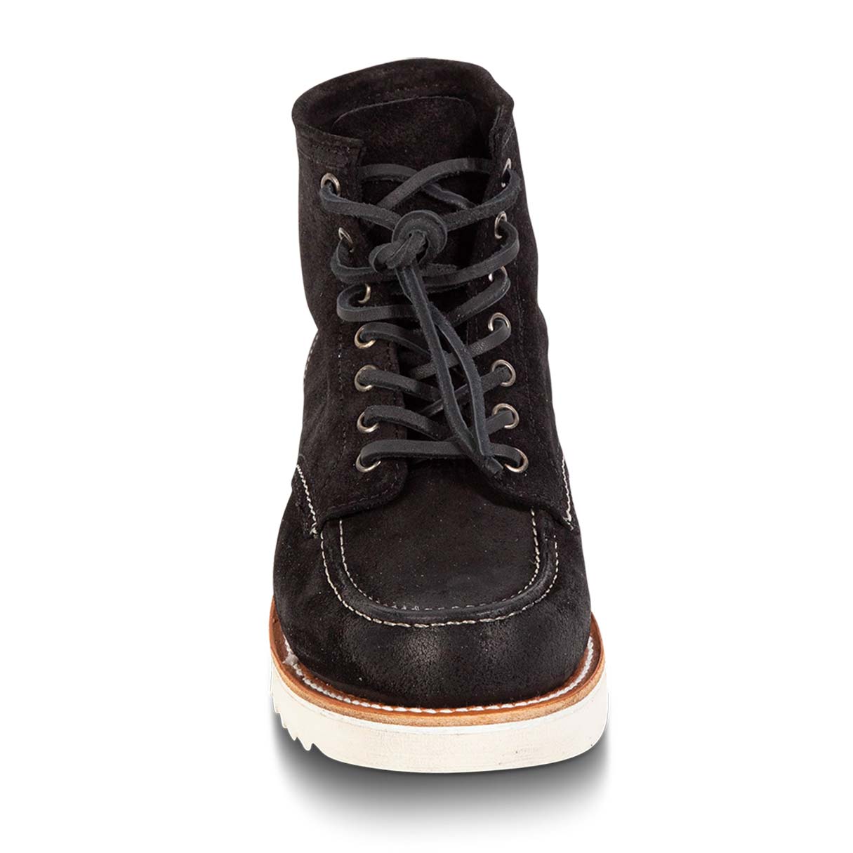 Front view showing suede tongue construction and adjustable leather lace closure on FREEBIRD men's Carbon black suede shoe