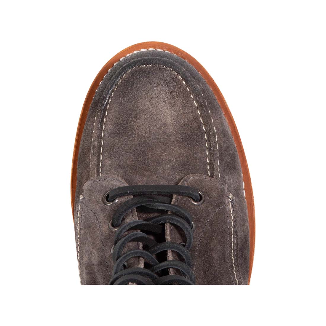 Top view showing round toe and leather lacing on FREEBIRD men's Carbon grey suede shoe