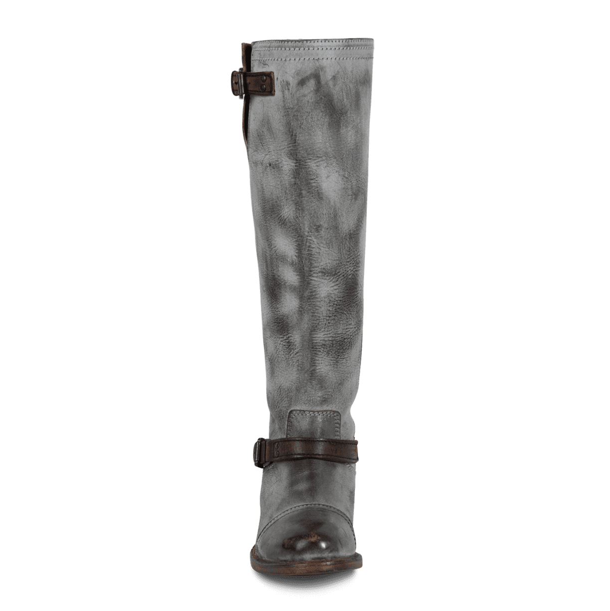 Front view showing tall shaft construction and ankle strap with silver hardware on FREEBIRD women's Roadey ice tall leather boot 