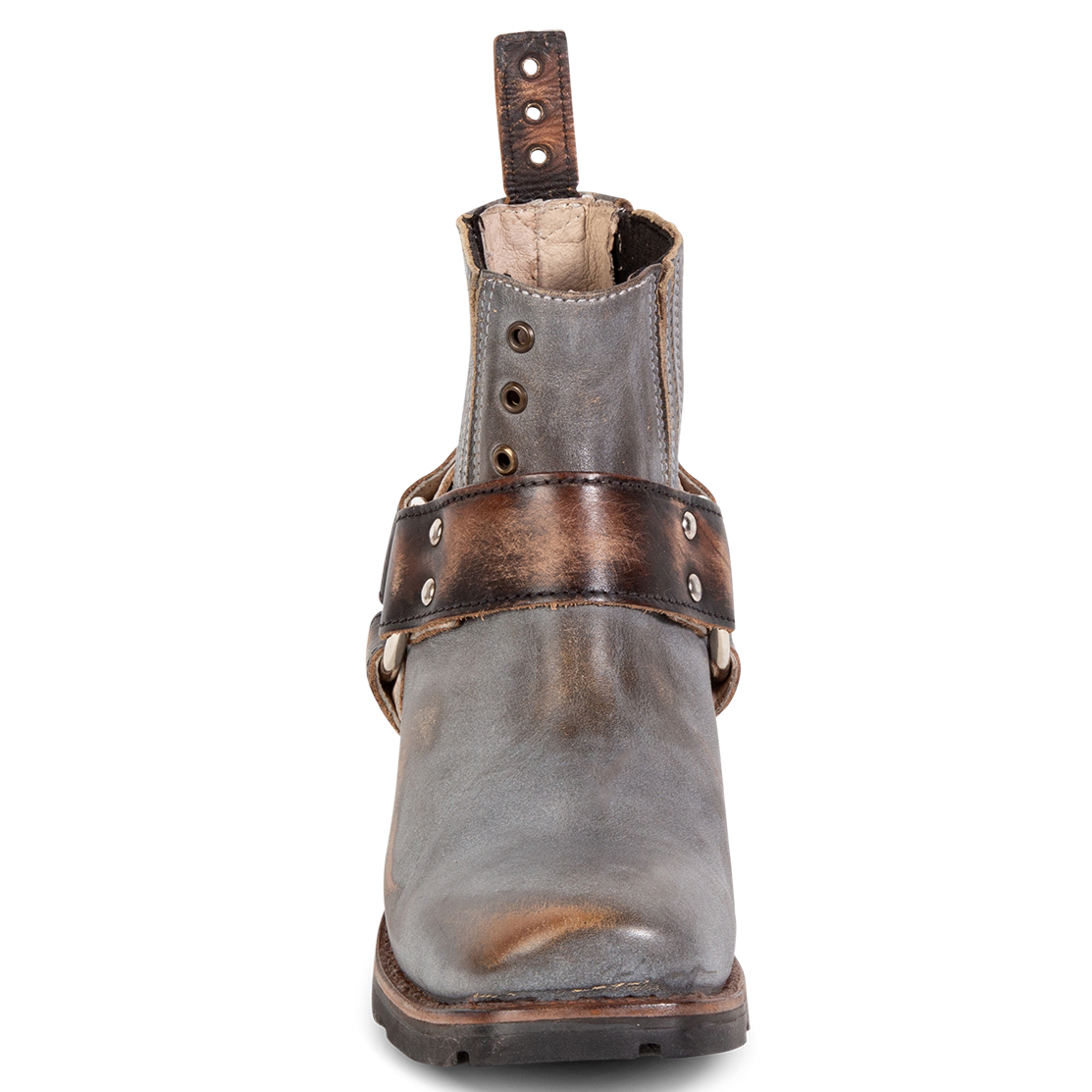 Front view showing leather ankle harness and brass hardware detailing on FREEBIRD women's Whiskey ice multi ankle bootie