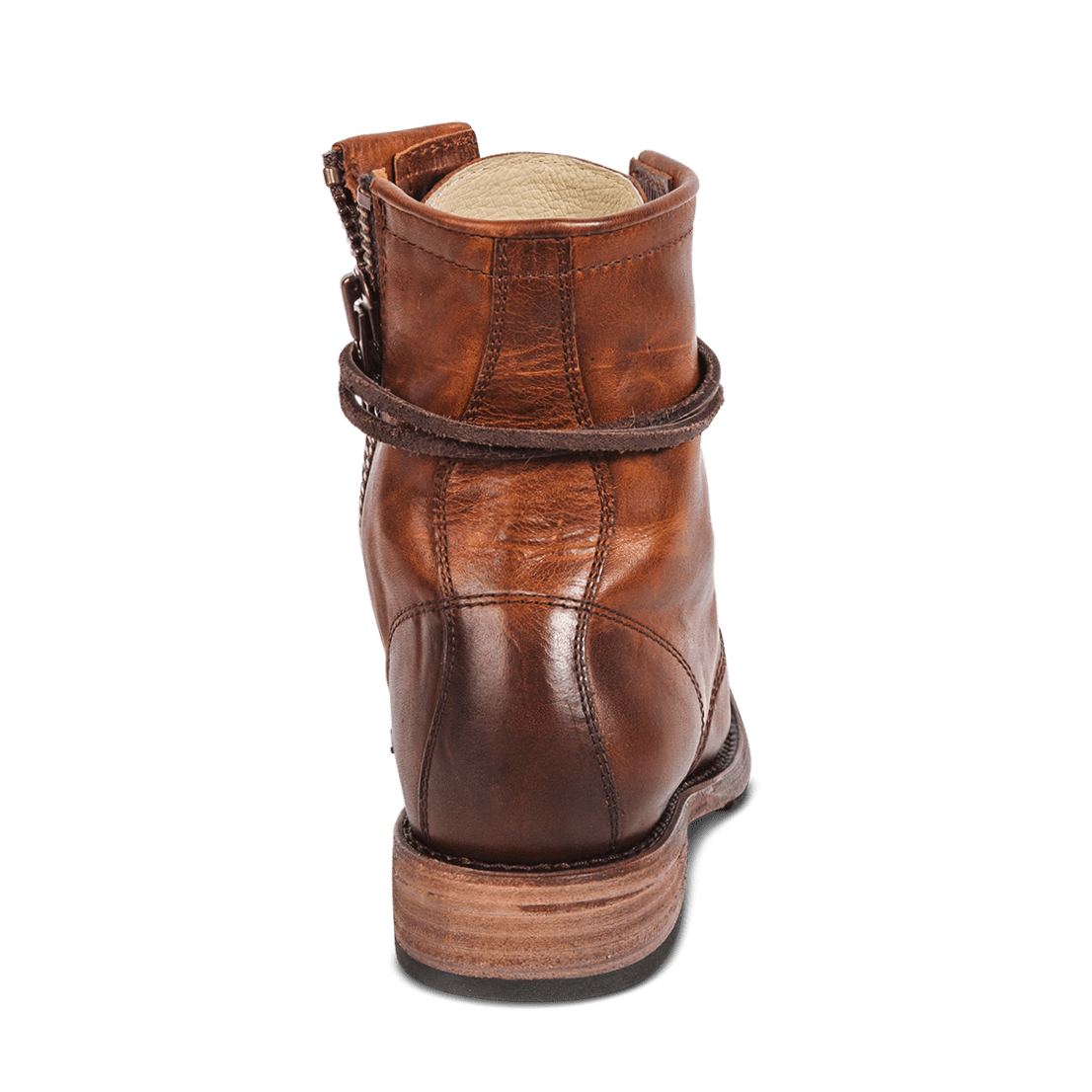 Back view showing low wood heel on FREBIRD women's Manchester cognac combat boot
