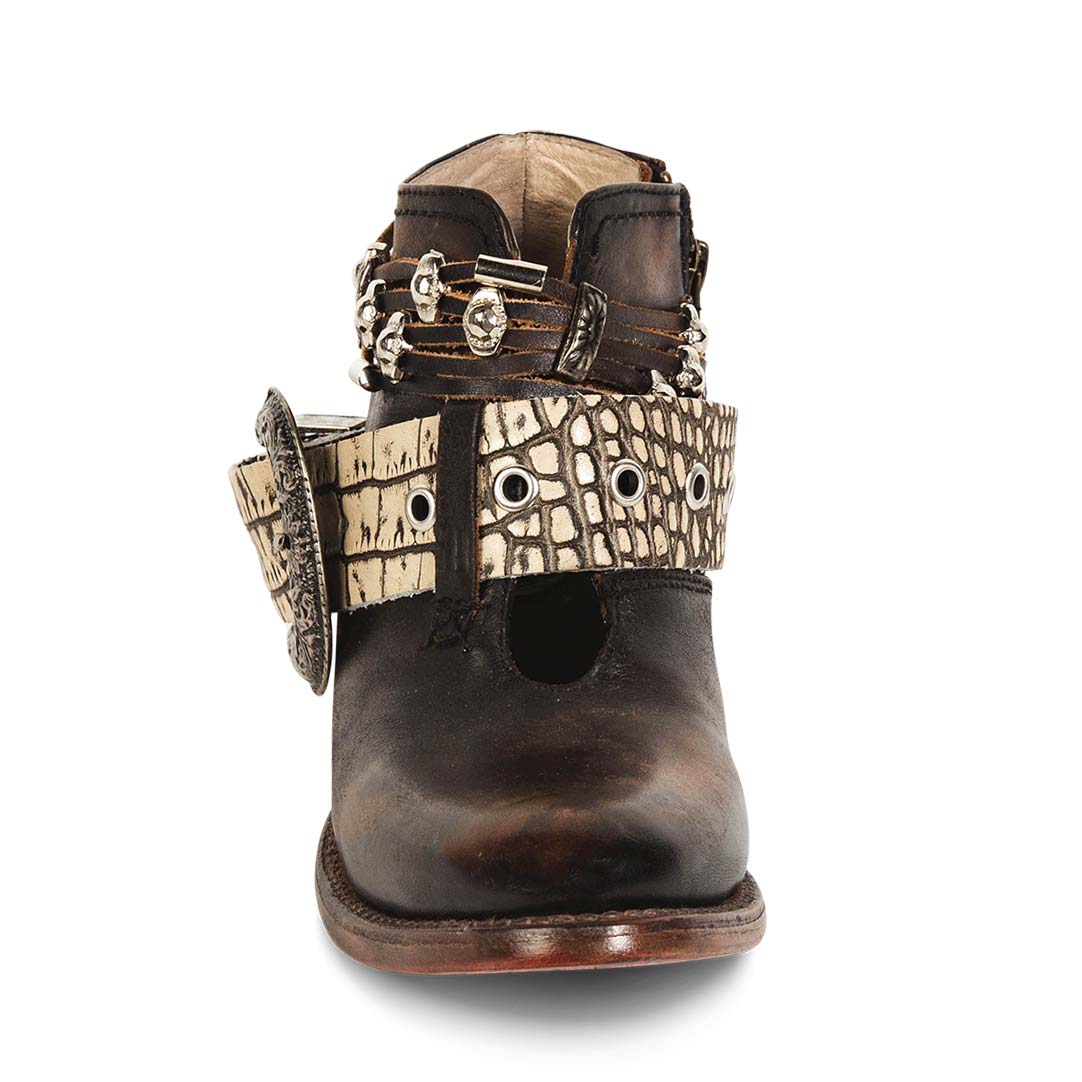Front view showing front cut-out and embellished western belts on FREEBIRD women's Saloon black leather bootie