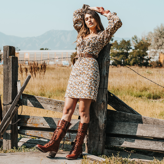 FREEBIRD women's Grany wine leather lace up front knee high boot with back zip closure lifestyle image