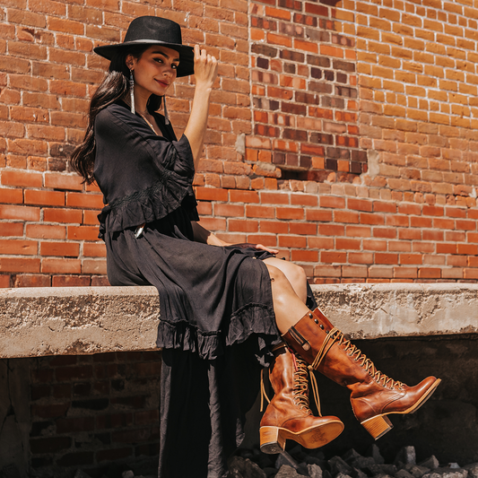 FREEBIRD women's Grany cognac leather lace up front knee high boot with back zip closure lifestyle
