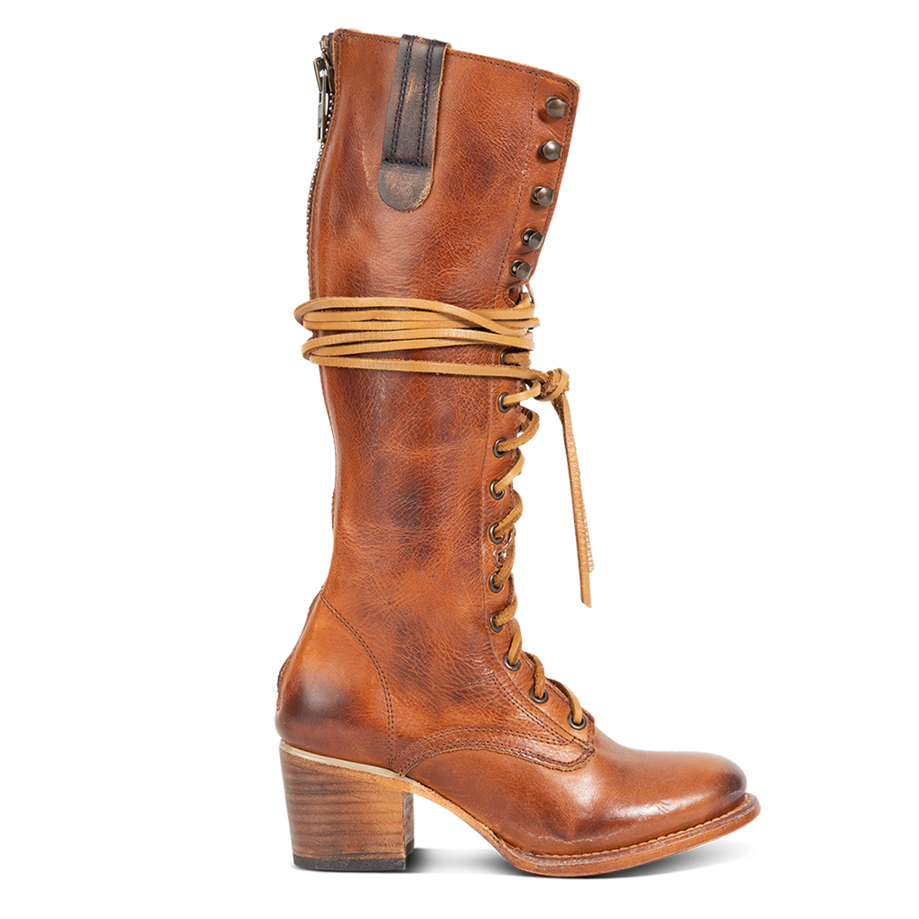 FREEBIRD women's Grany cognac leather lace up front knee high boot with back zip closure