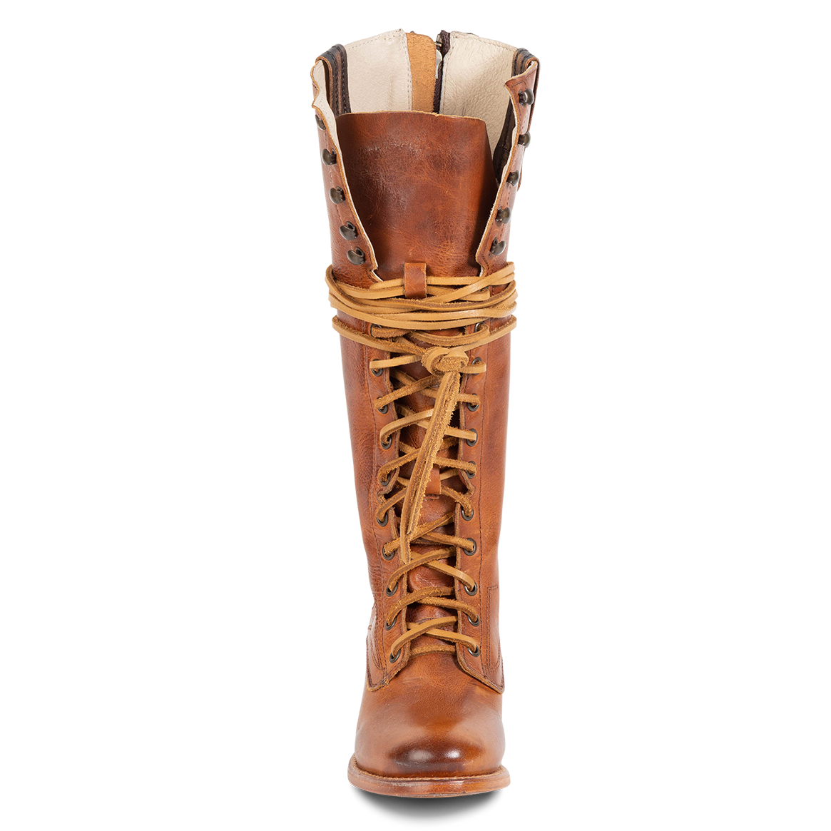 Front view showing full shaft adjustable front lace closure with with leather laces on FREEBIRD women's Grany cognac tall boot