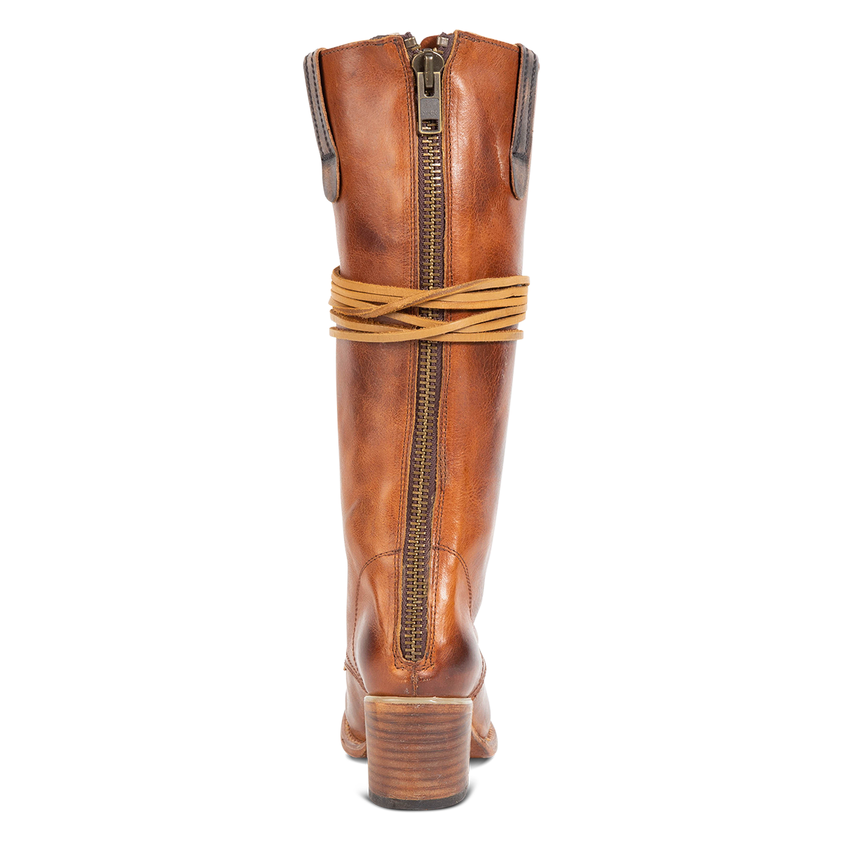 Back view showing brass zip closure and red leather pull tab on FREEBIRD women's Grany cognac tall boot