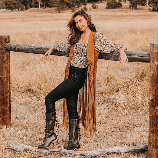 FREEBIRD women's Grany olive leather lace up front knee high boot with back zip closure lifestyle image