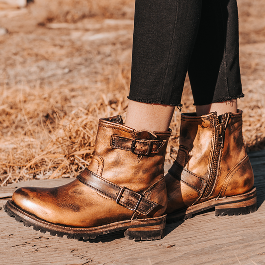 FREEBIRD women's Harley bronze rubber tread sole ankle moto bootie with leather buckle straps