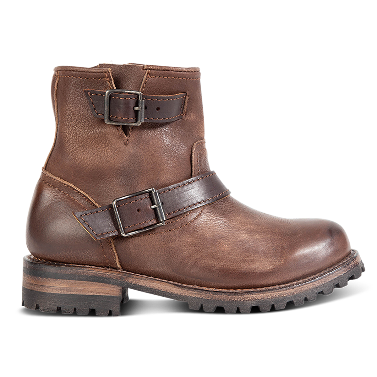 FREEBIRD women's Harley brown rubber tread sole ankle moto bootie with leather buckle straps