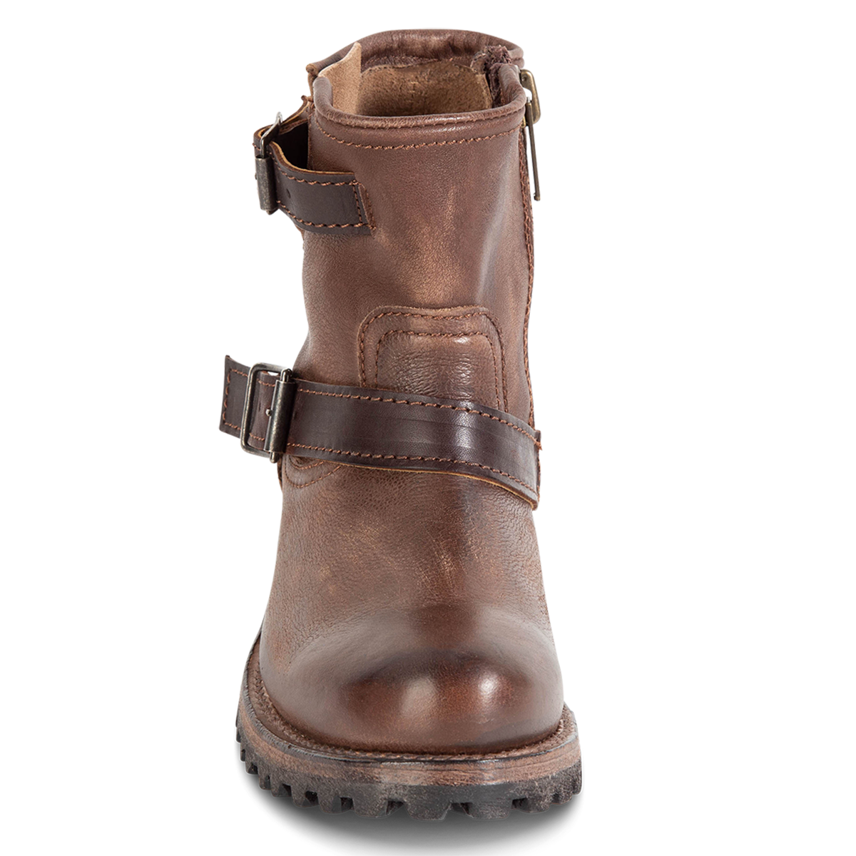 Front view showing adjustable leather buckles on FREEBIRD women's Harley brown tread sole moto ankle bootie