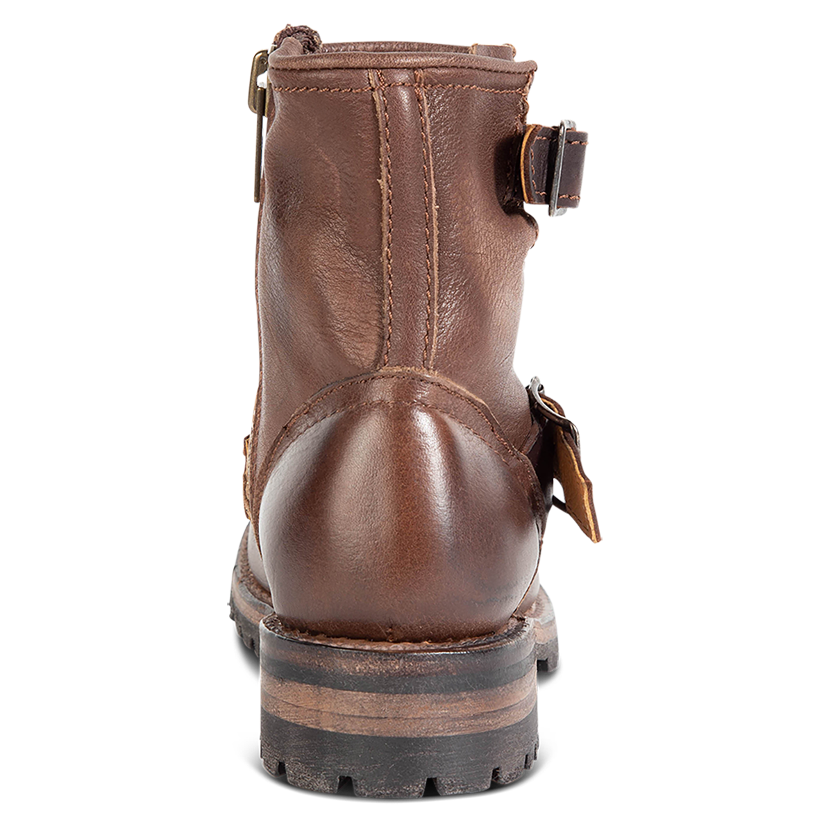 Back view showing rubber tread on FREEBIRD women's Harley brown tread sole moto ankle bootie