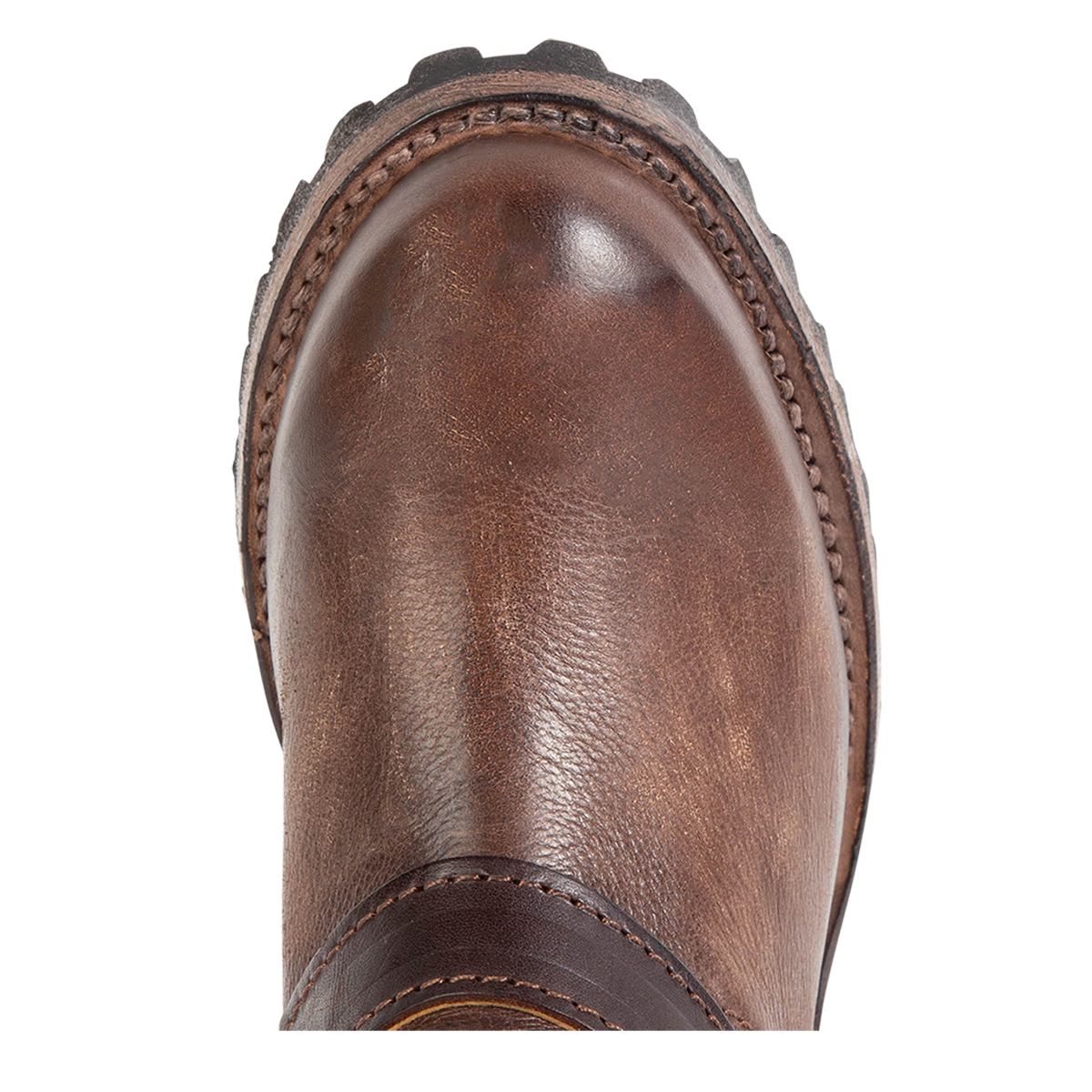 Top view showing round toe on FREEBIRD women's Harley brown tread sole moto ankle bootie