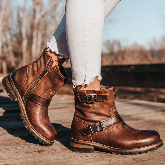 FREEBIRD women's Harley brown rubber tread sole ankle moto bootie with leather buckle straps