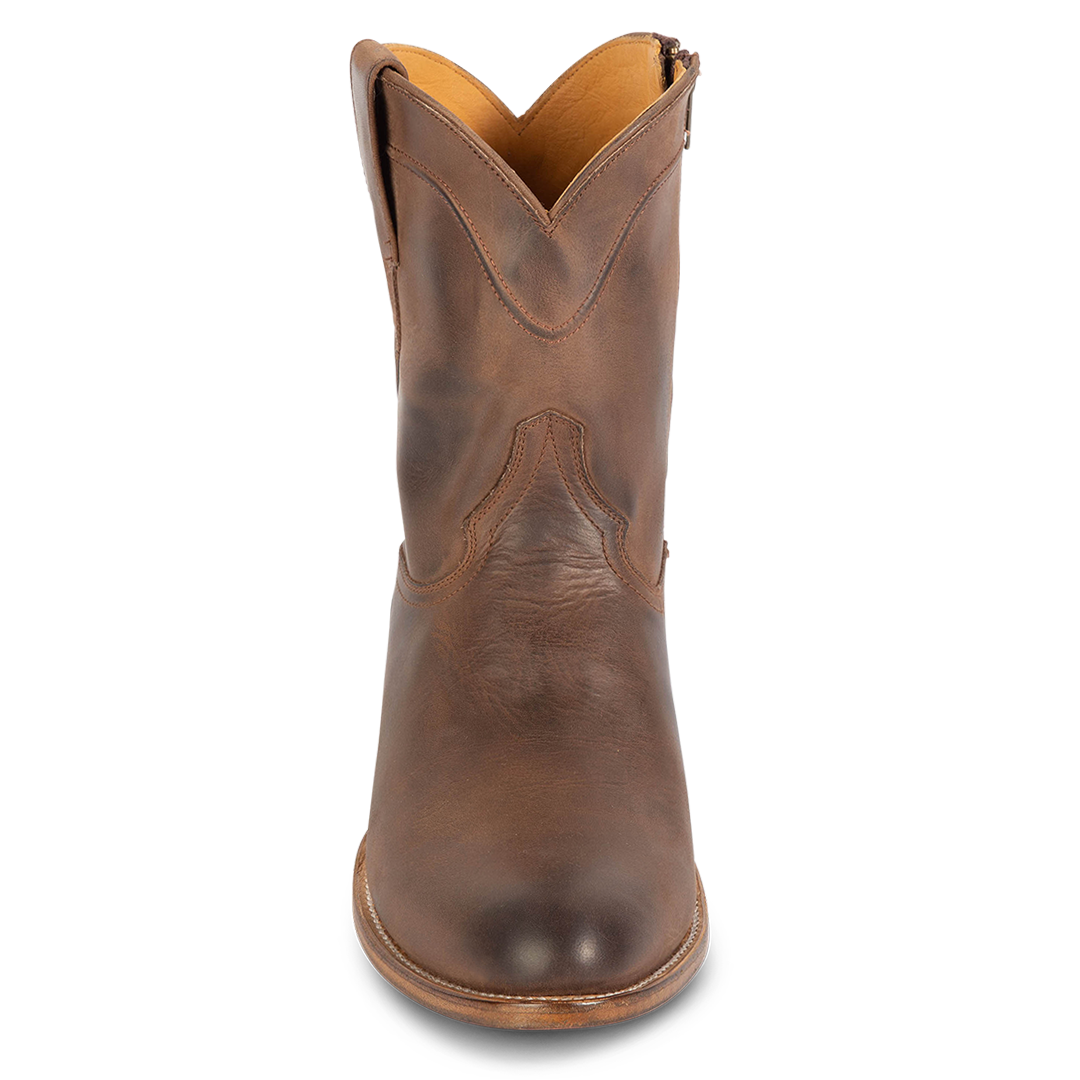 Front view showing traditional detailing on shaft and front dip on FREEBIRD men's Henderson brown leather mid calf boot