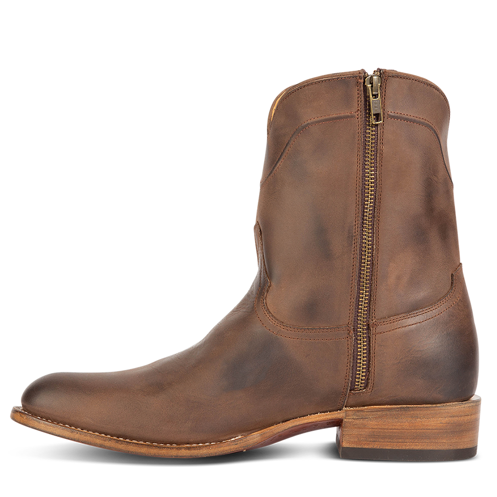 Inside view showing inside working zip closure on FREEBIRD men's Henderson brown leather mid calf boot 