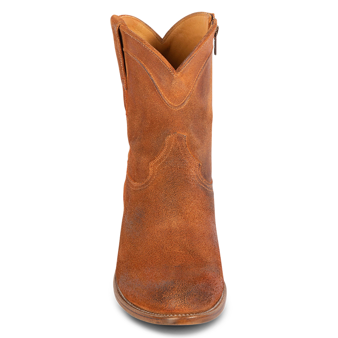 Front view showing traditional detailing on shaft and front dip on FREEBIRD men's Henderson tan suede mid calf boot