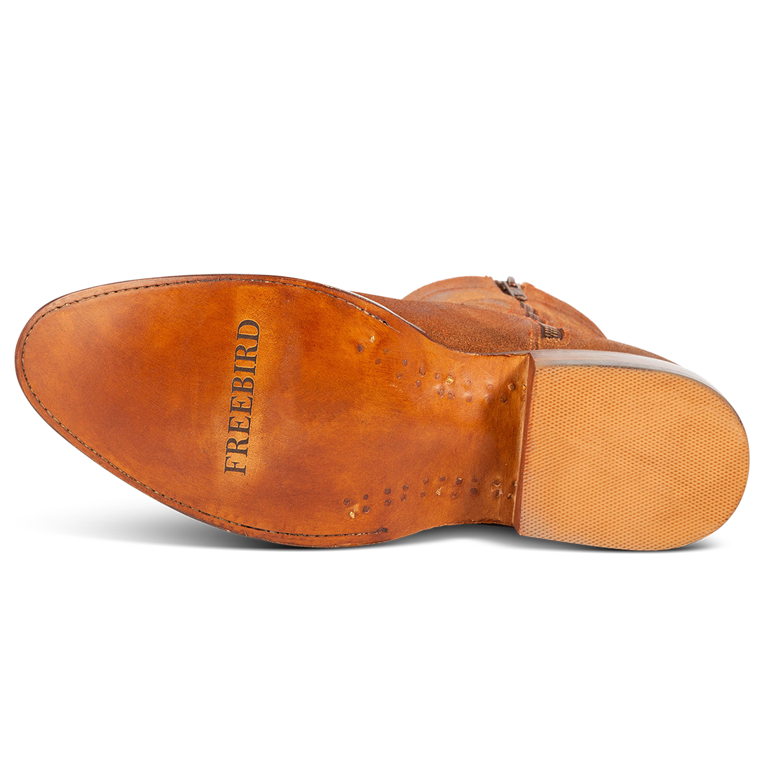 Leather imprinted sole FREEBIRD on men's Henderson tan suede mid calf boot