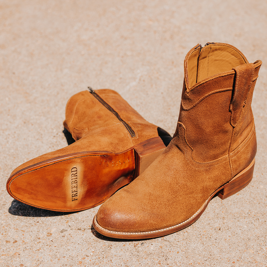 FREEBIRD men's Henderson tan suede exterior pull strap and inside working zip closure with a traditional toe