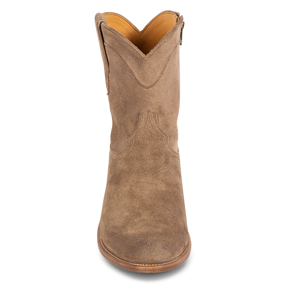 Front view showing traditional detailing on shaft and front dip on FREEBIRD men's Henderson taupe suede mid calf boot
