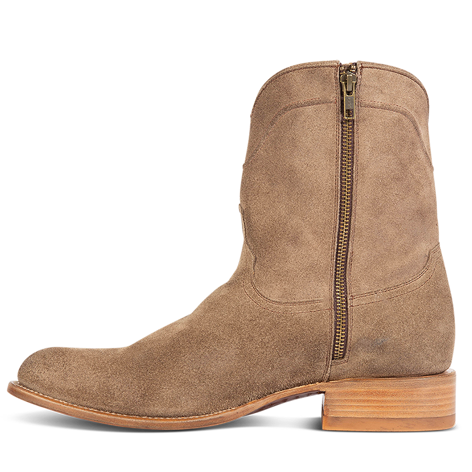 Inside view showing inside working zip closure on FREEBIRD men's Henderson taupe suede mid calf boot 