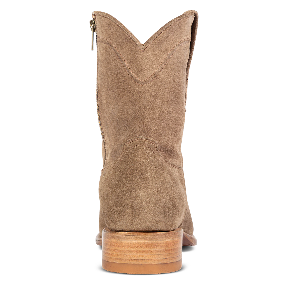 Back view showing low heel on FREEBIRD men's Henderson taupe suede mid calf boot