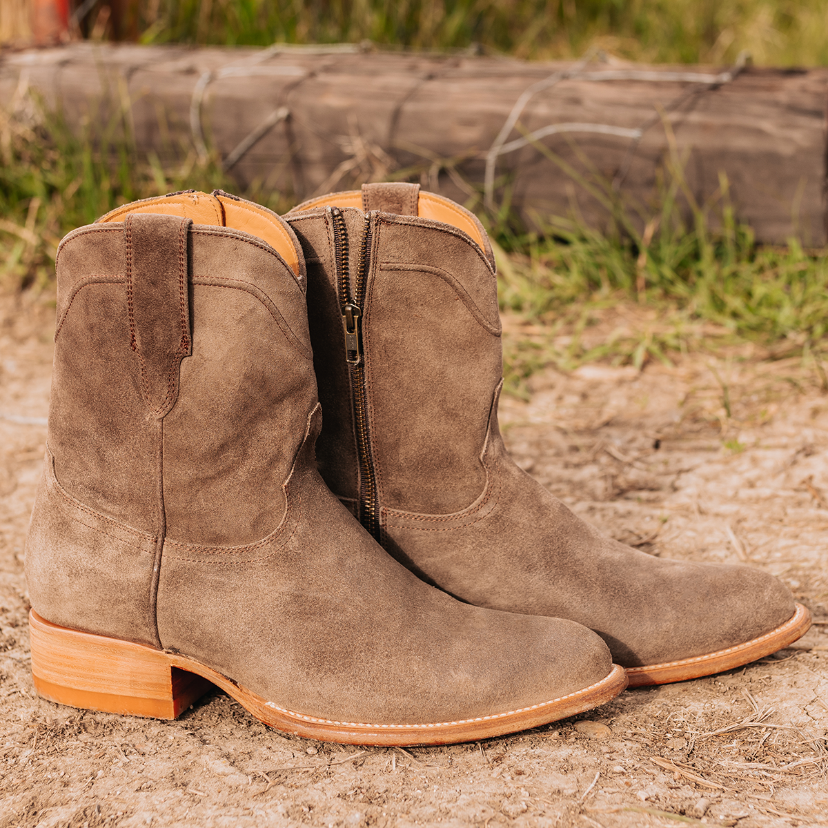 FREEBIRD men's Henderson taupe suede exterior pull strap and inside working zip closure with a traditional toe