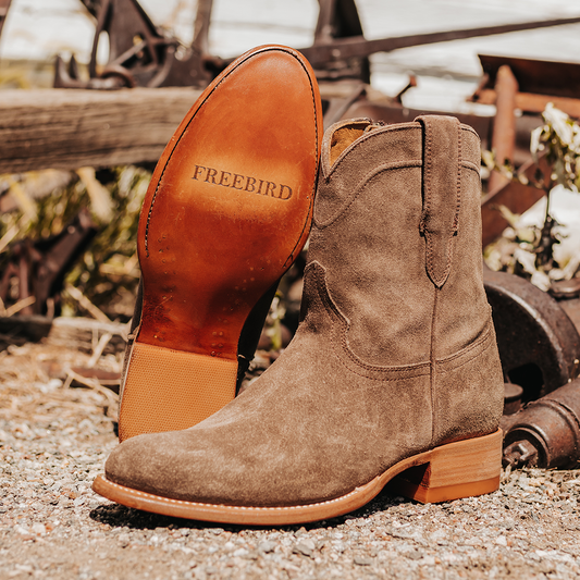FREEBIRD men's Henderson taupe suede exterior pull strap and inside working zip closure with a traditional toe