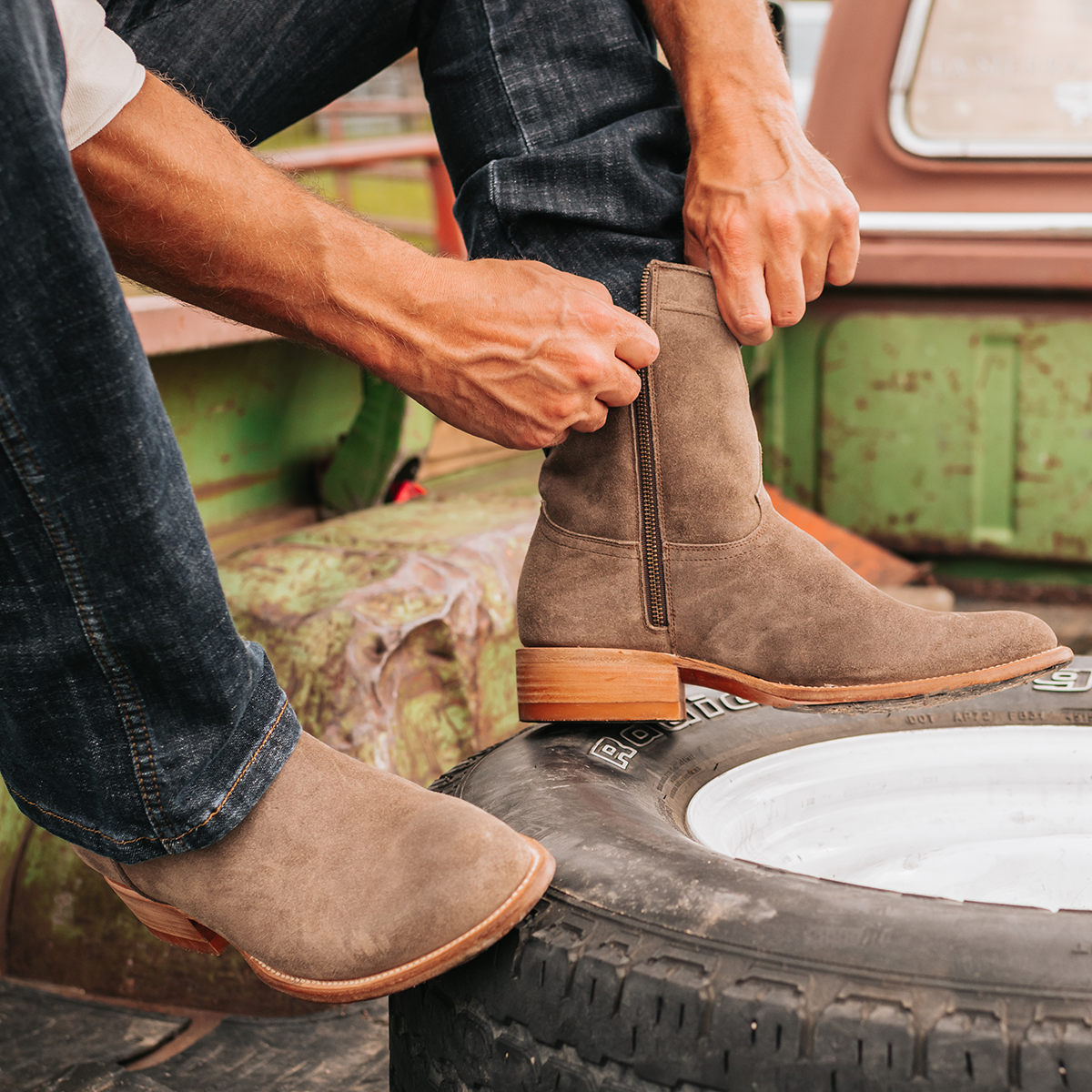 FREEBIRD men's Henderson taupe suede exterior pull strap and inside working zip closure with a traditional toe