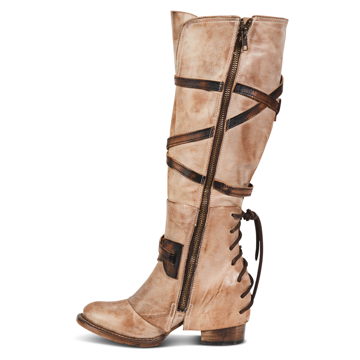 Inside view showing working brass zip closure and leather shaft straps on FREEBIRD women's Cassius beige multi tall leather boot