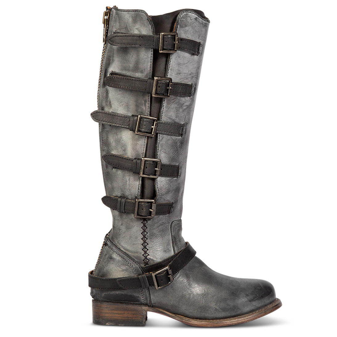 FREEBIRD women's Remy black leather boot with tall shaft and accent buckles