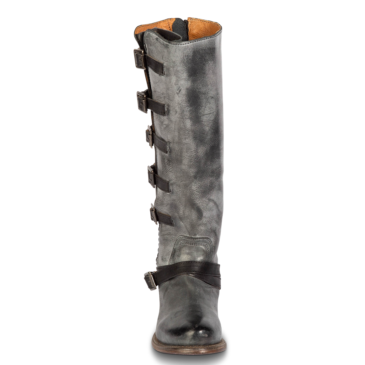 Front view showing tall shaft and ankle strap on FREEBIRD women's Remy black tall leather boot