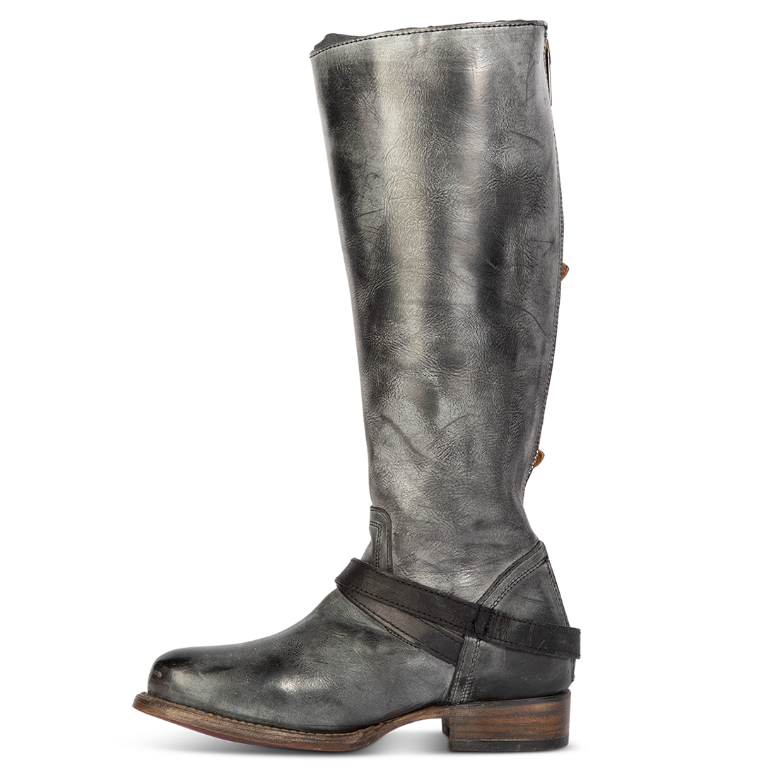 Inside view showing ankle strap and wooden heel on FREEBIRD women's Remy black tall boot