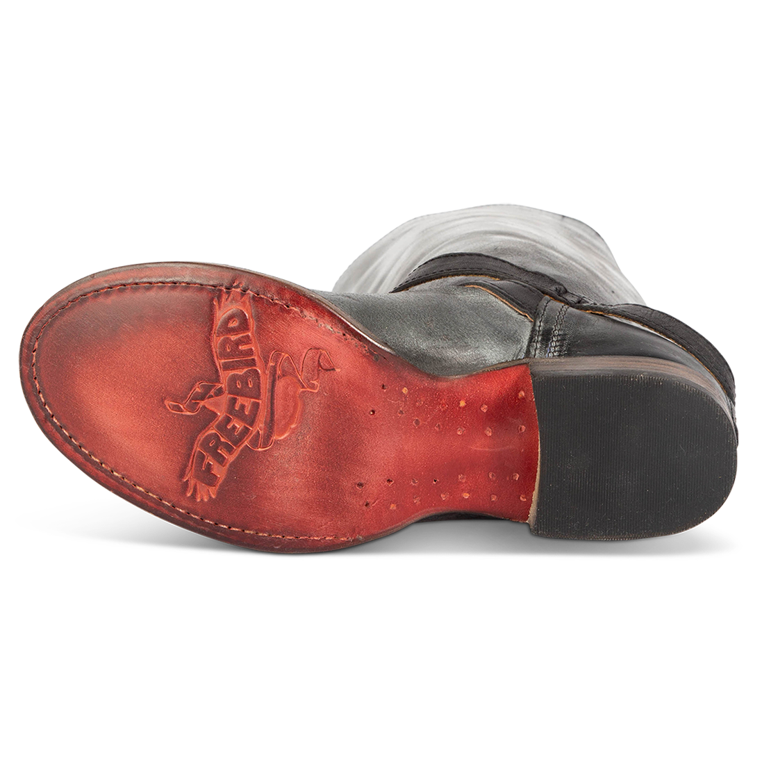 Leather sole imprinted with FREEBIRD on Remy black tall boot