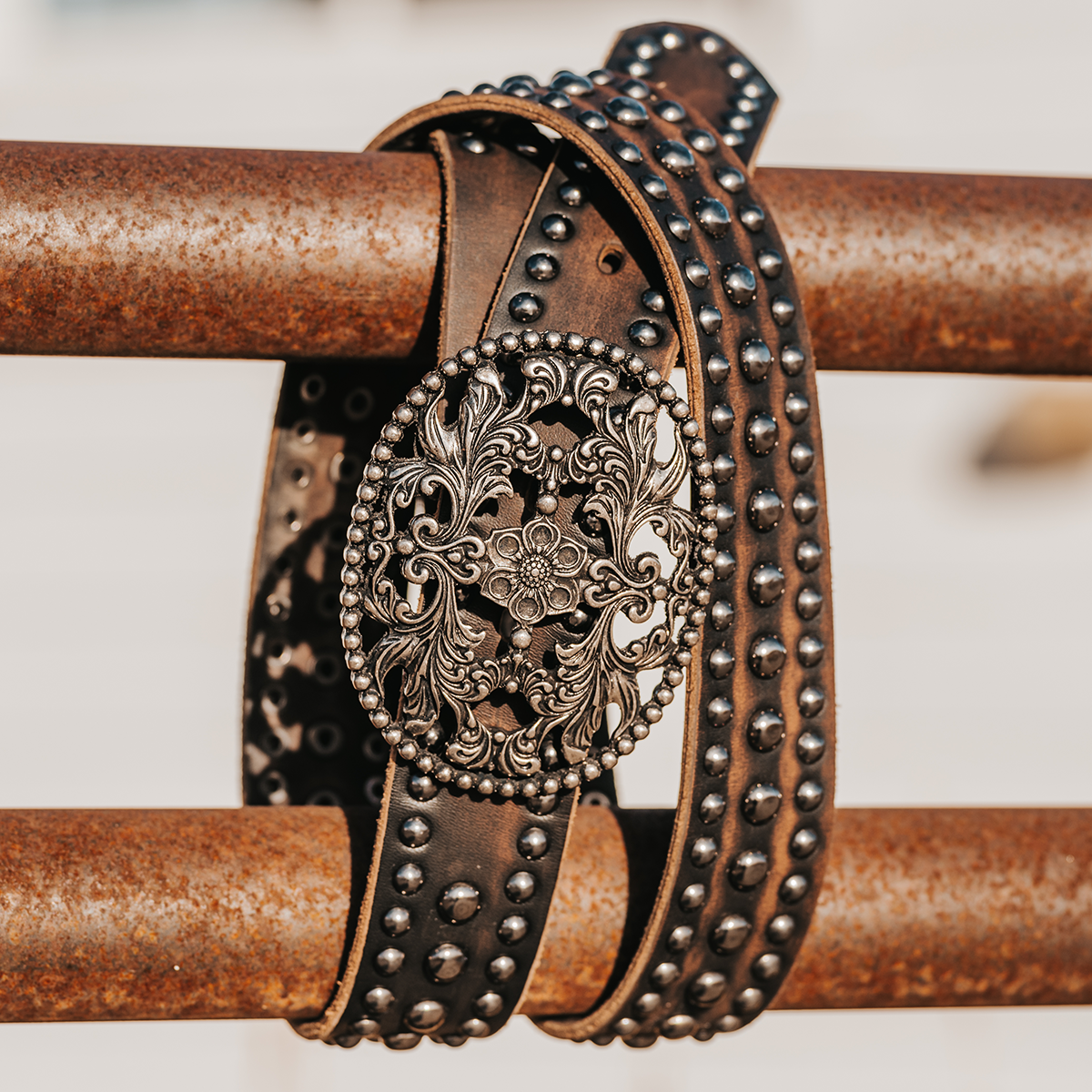 FREEBIRD Iron black distressed full grain leather belt featuring a large cut out metal buckle and embellished detailing lifestyle