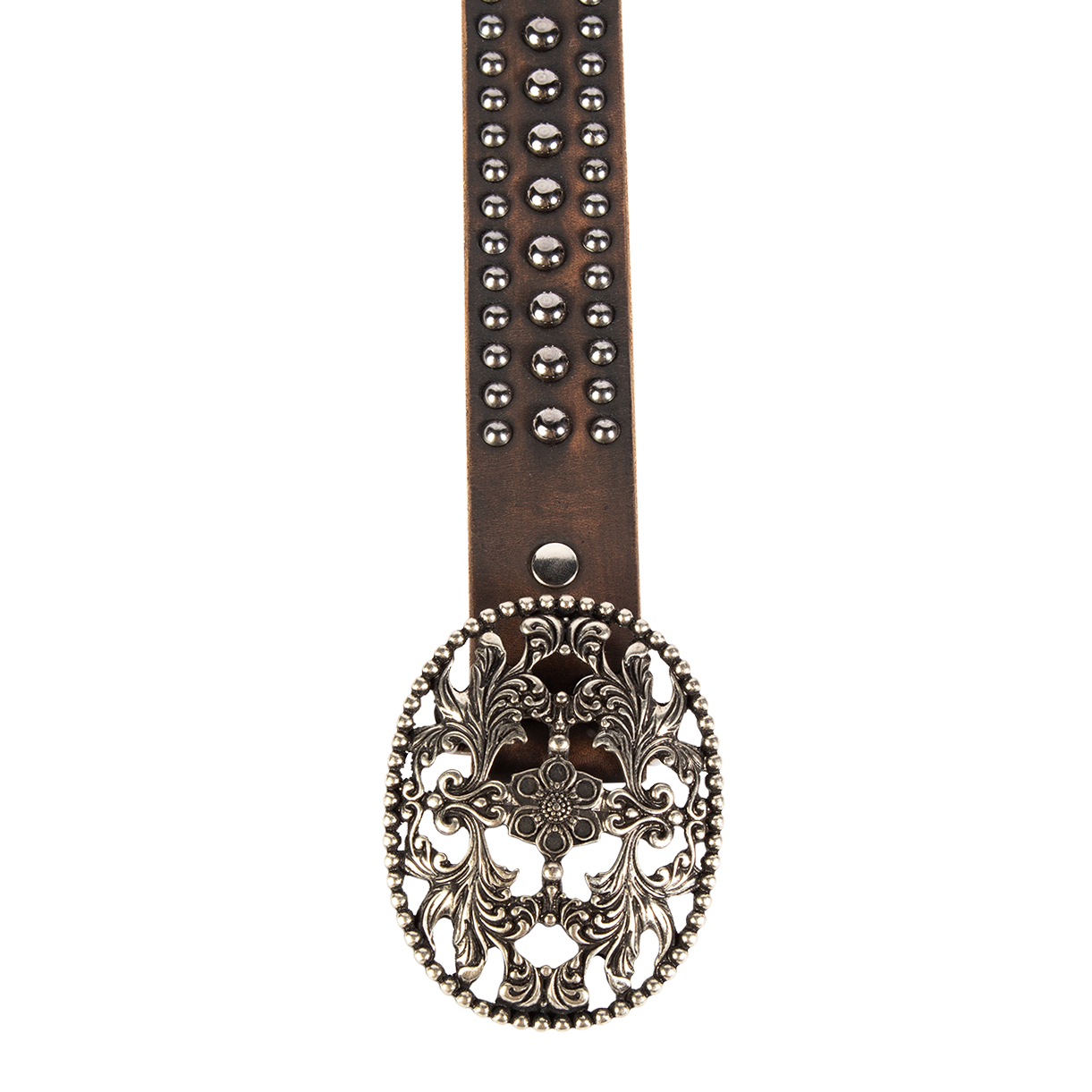 Iron black distressed top view featuring large cut out metal buckle closure and embroidered detailing on FREEBIRD full grain leather belt