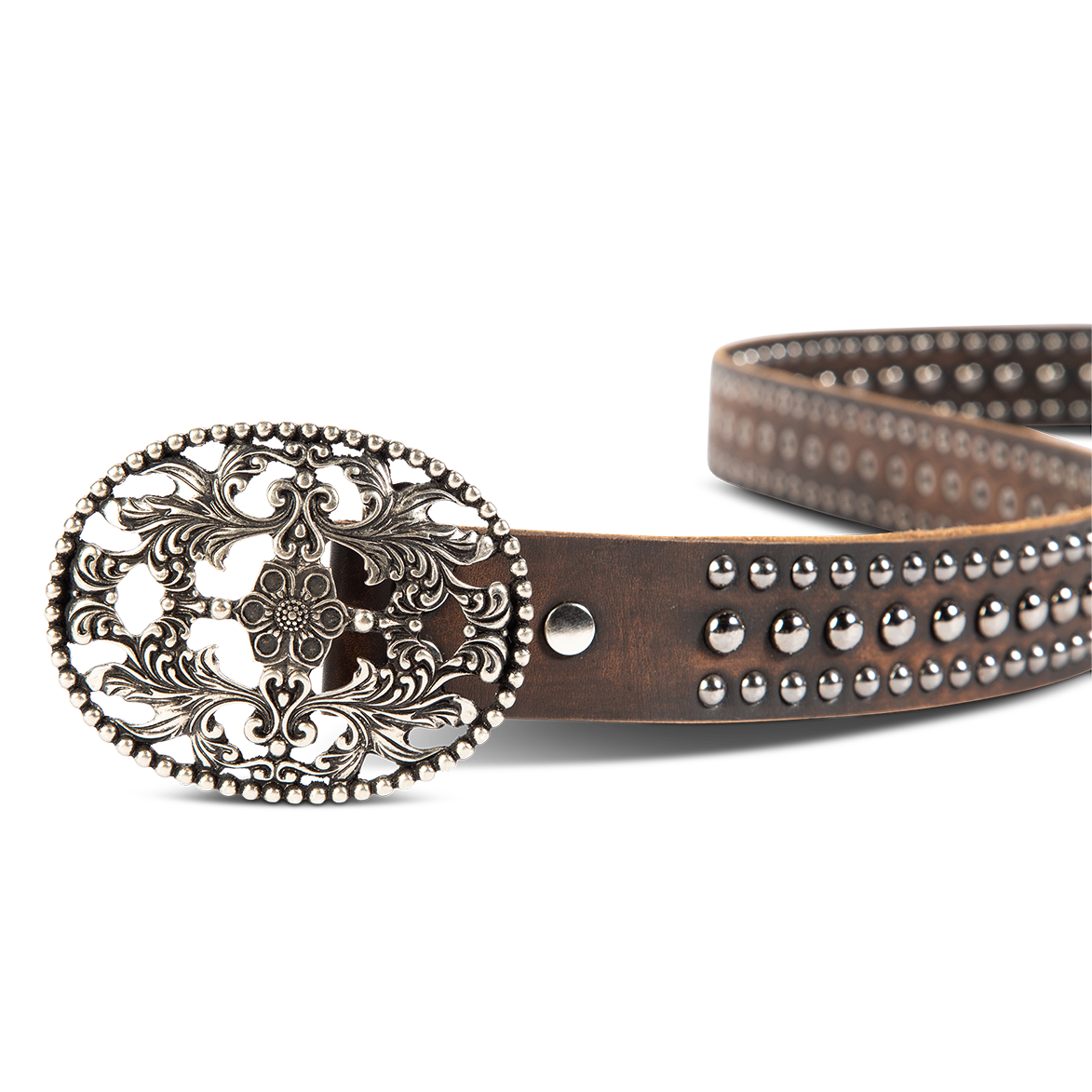Iron black distressed front view featuring large cut out metal buckle closure and embroidered detailing on FREEBIRD full grain leather belt