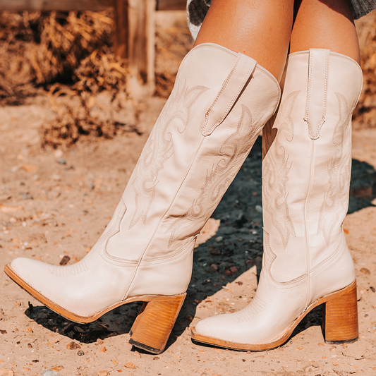 FREEBIRD women's Jackson beige leather high heel western boot with stitch detailing