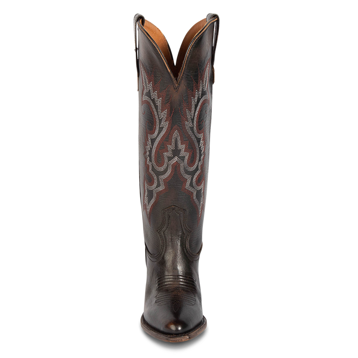 Front view showing stitch detailing and front dip on FREEBIRD women's Jackson black leather high heel western boot