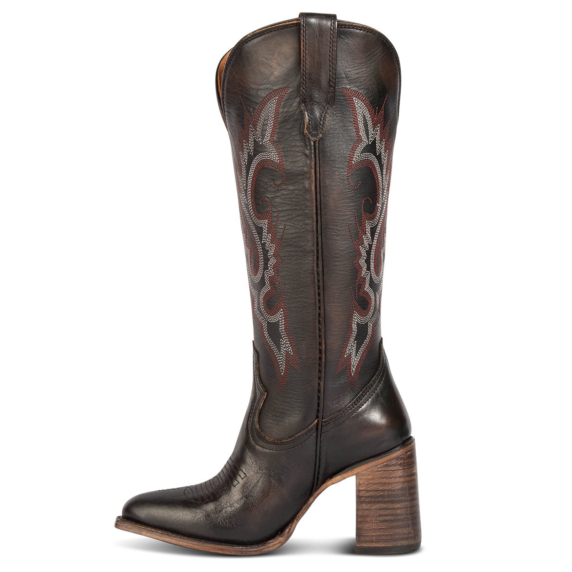 Side view showing leather pull straps and stitch detailing on FREEBIRD women's Jackson black leather high heel western boot