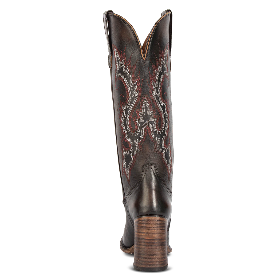 Back view showing back dip and leather high heel with stitch detailing on FREEBIRD women's Jackson black leather western boot
