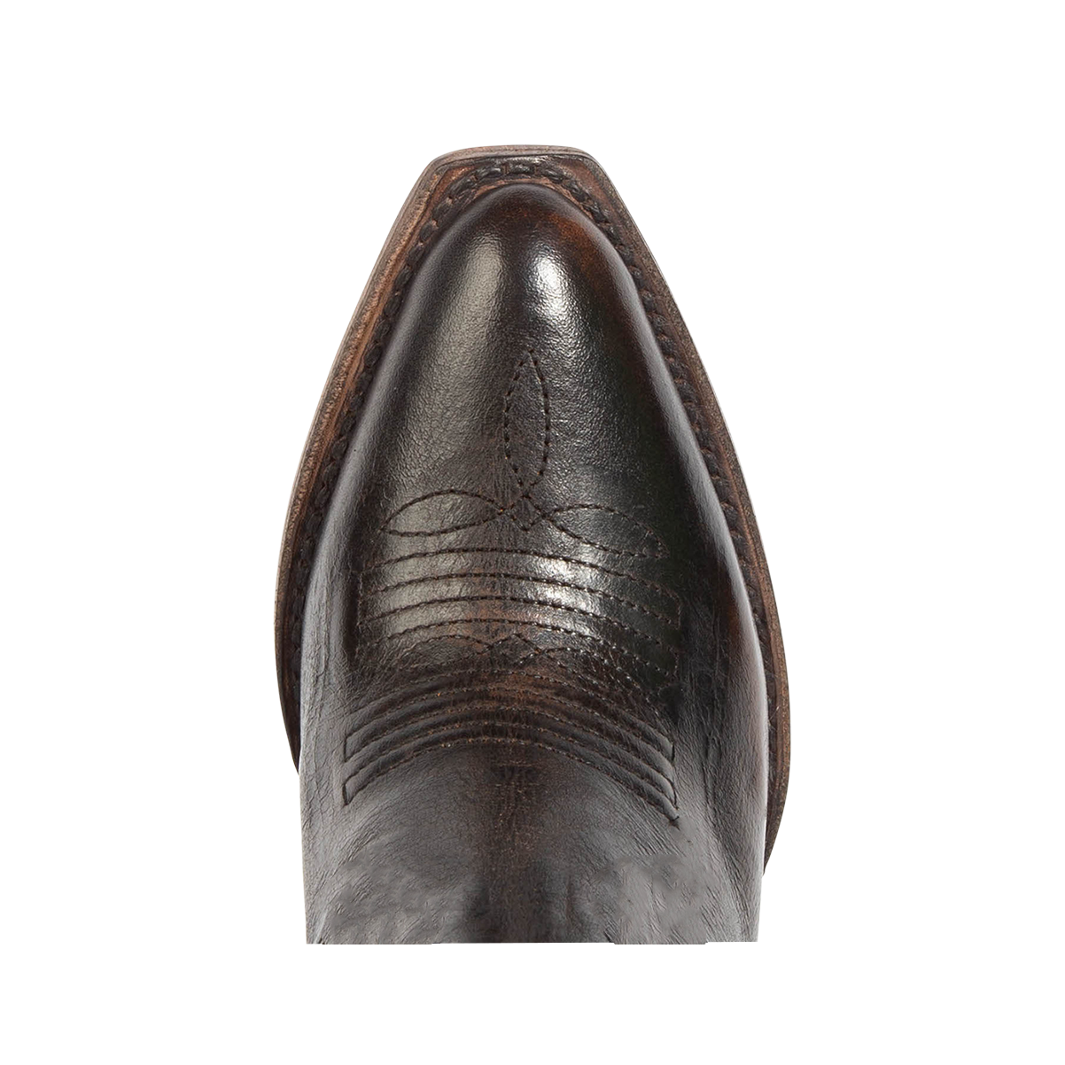 Top view showing snip toe construction with stitch detailing on FREEBIRD women's Jackson black leather high heel western boot